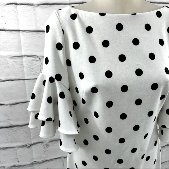 LAUREN RALPH LAUREN Dress Sz 0 Sheath White Black Polka Dot Ruffle Puffy… - Picture 5 of 13